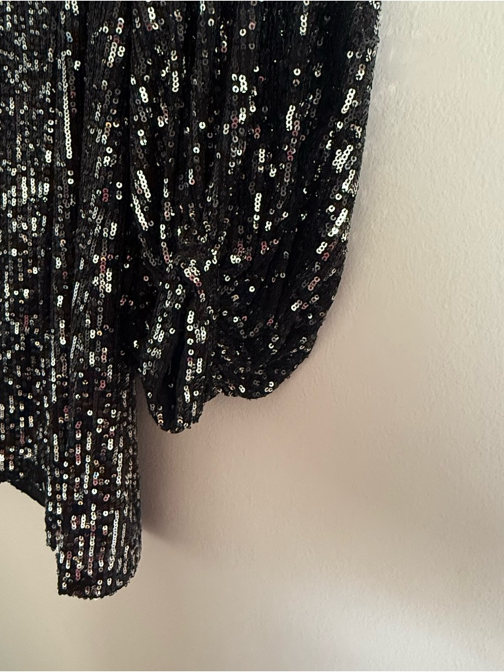 Zara Black Sequin Square Neck Puff-Sleeve Mini Dress with Tie Belt - Picture 6 of 7